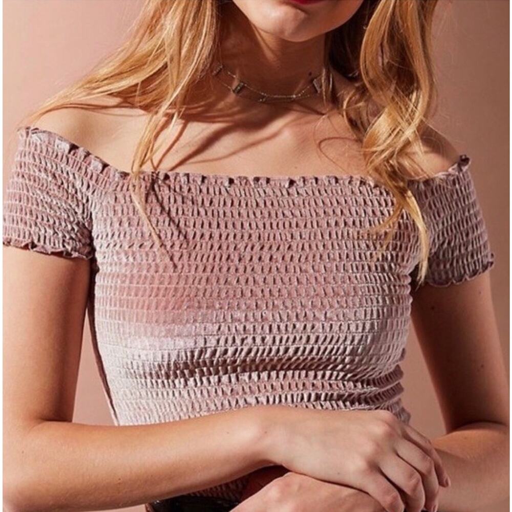 Urban Outfitters Blush Pink Velvet Smocked Off Shoulder Crop Top Size S